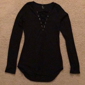 Lace up neckline long-sleeved top